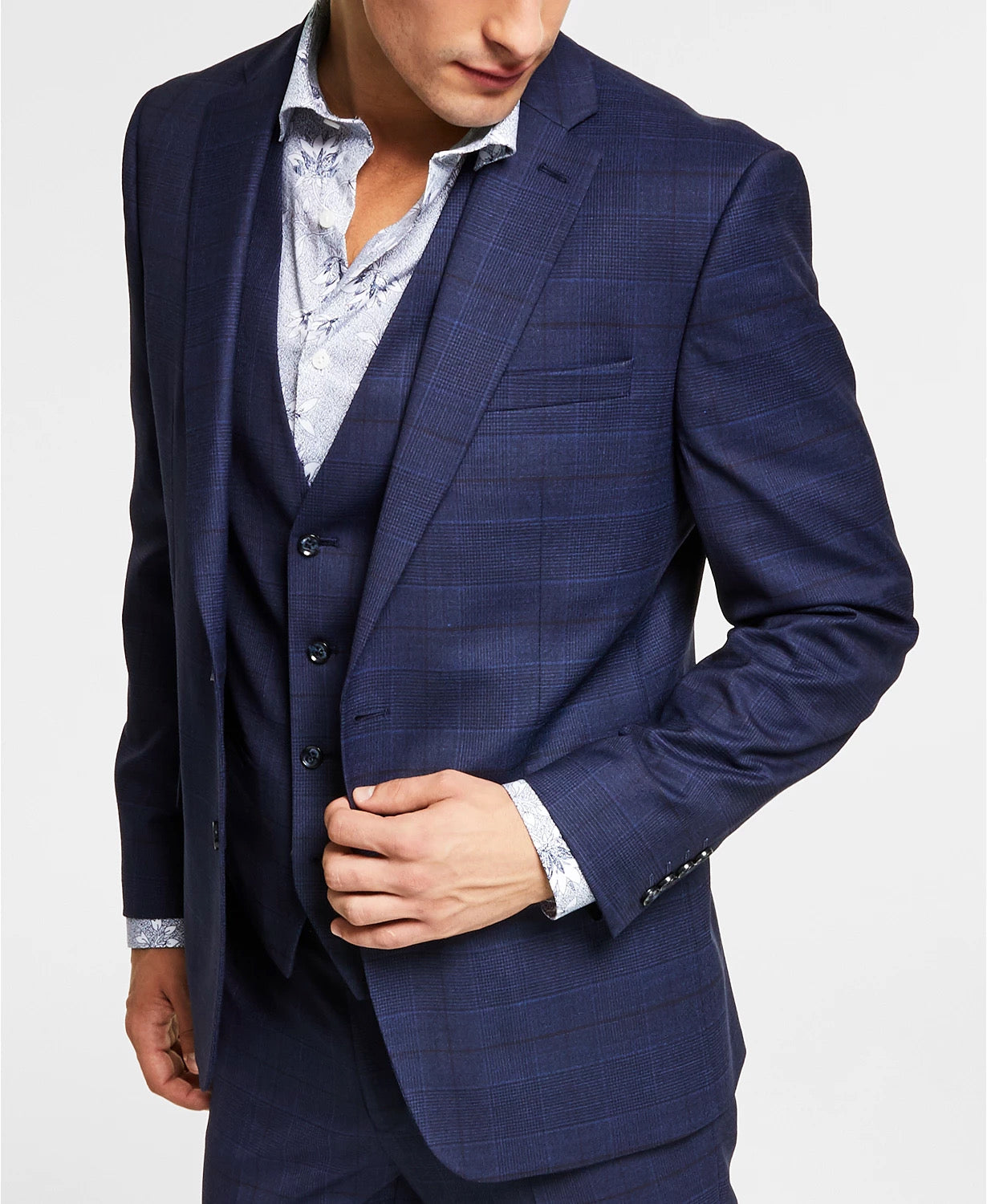 Bar Iii Mens Slim fit Wool Suit Jacket Blazer 36 S Navy Blue Plaid