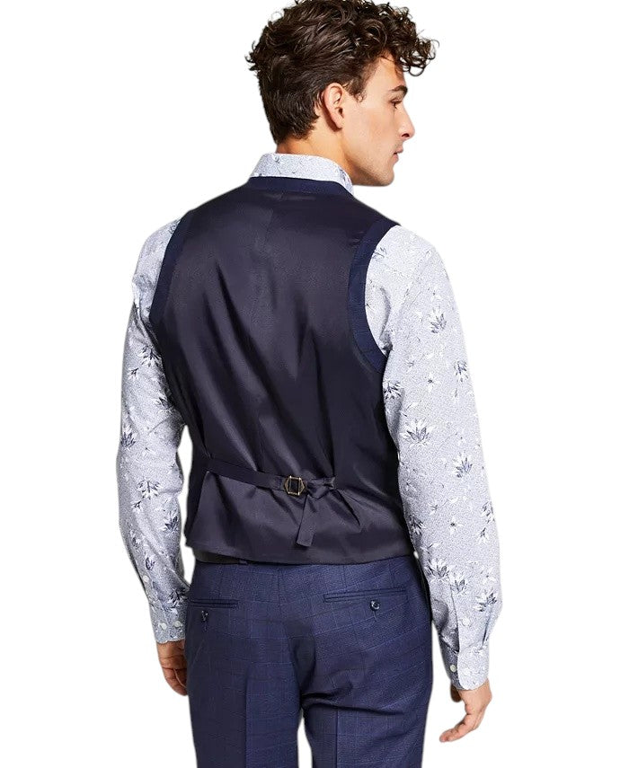 Bar Iii Mens Slim fit Button-Up Suit Vest Small Navy Blue Plaid Stretch