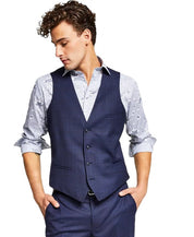 Bar Iii Mens Slim fit Button-Up Suit Vest Small Navy Blue Plaid Stretch