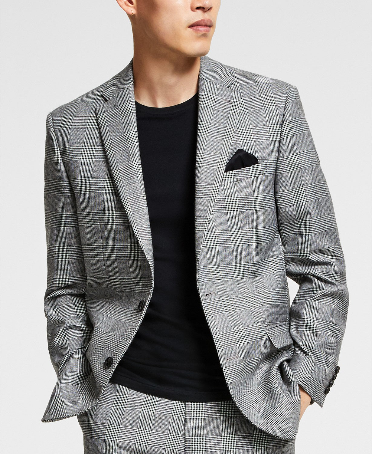 Bar III Mens Slim Fit Sport Coat Blazer Black White 38S