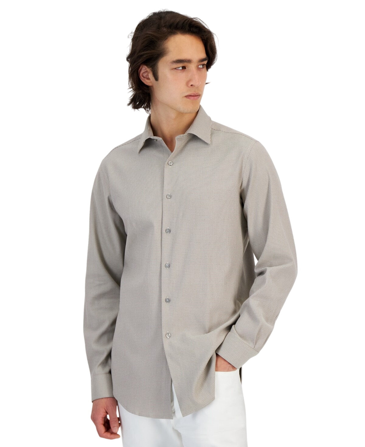 Alfani Mens Slim fit Dress Shirt Large 16-16.5 32-33 Beige Geometric