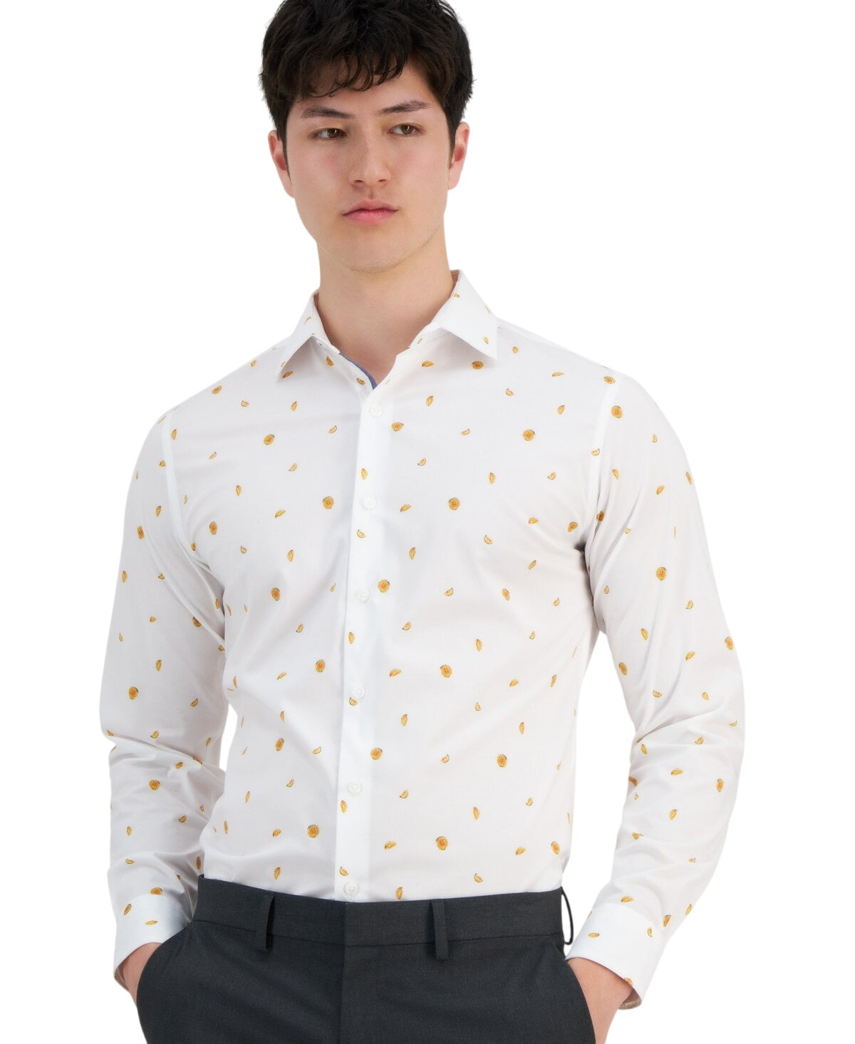 Bar Iii Mens Slim fit Dress Shirt XL 17-17.5 Long Sleeve White Melon Print