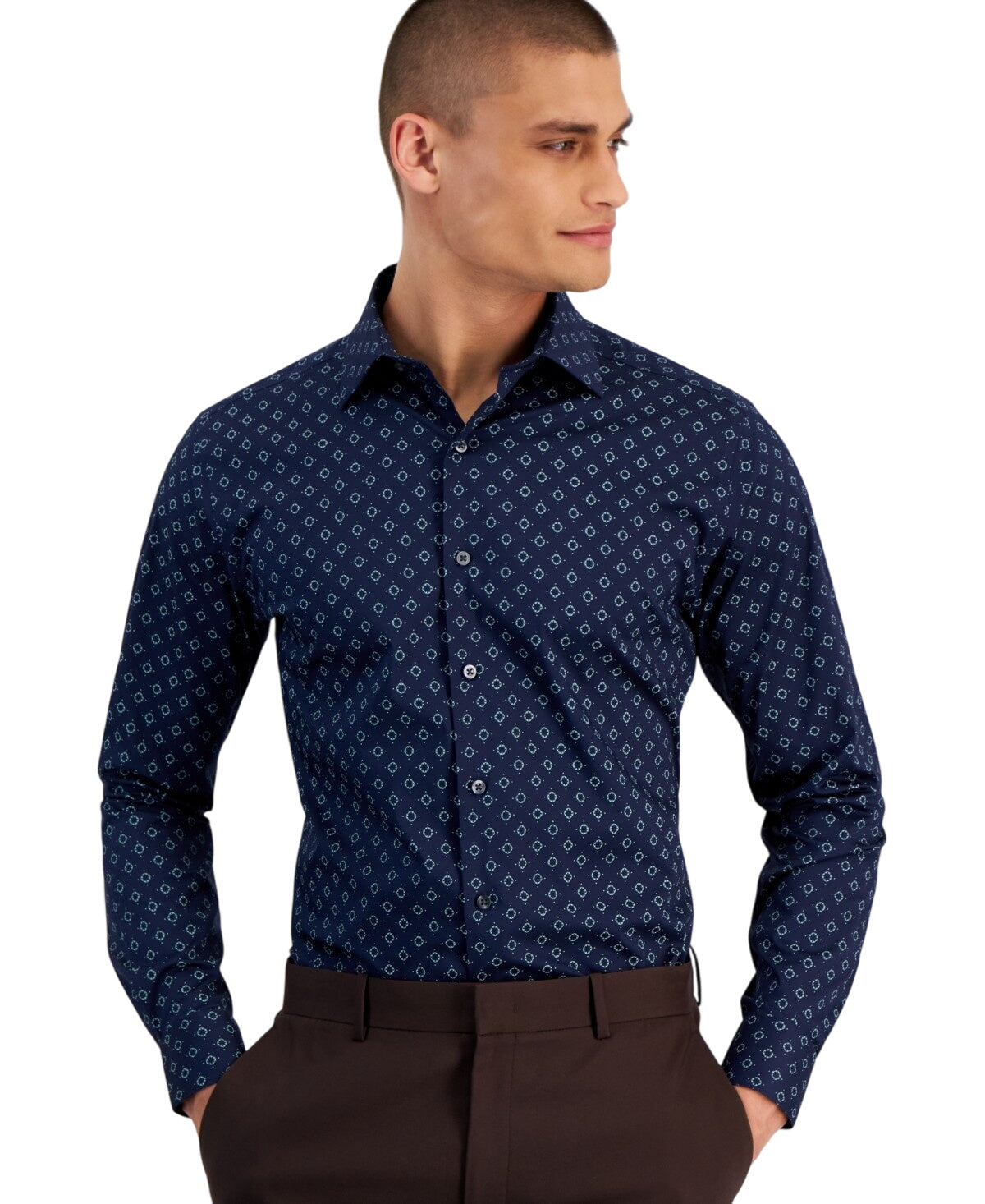 Alfani Mens Slim fit Dress Shirt Small 14-14.5 32-33 Blue Green Geometric