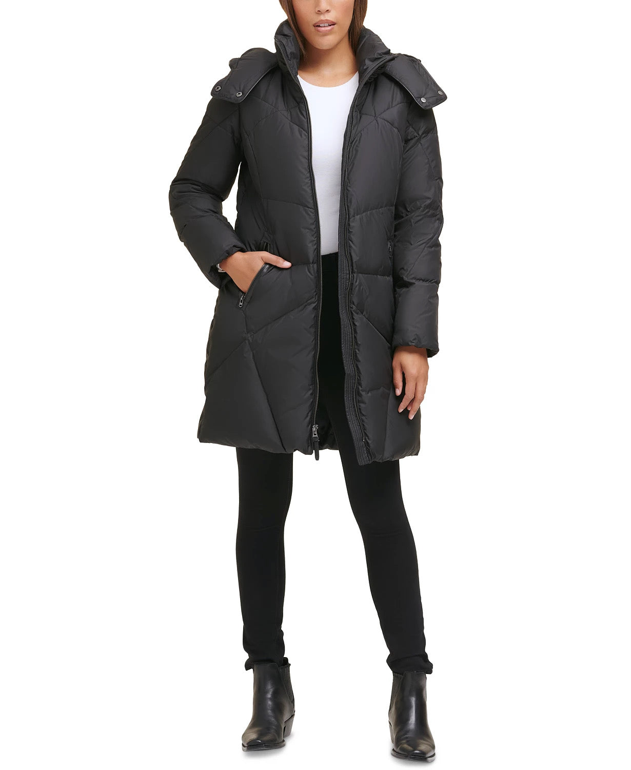 Cole Haan Women's Hooded Zip Down Puffer Coat Solid Black Medium