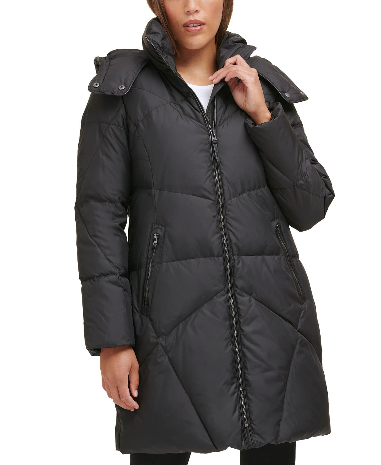 Cole Haan Women's Hooded Zip Down Puffer Coat Solid Black Medium