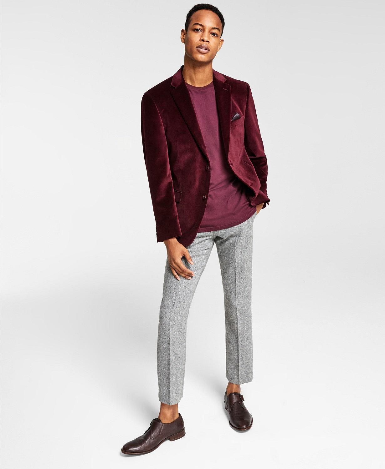 Alfani Mens Slim-Fit Solid Velvet Blazer Burgundy 46R