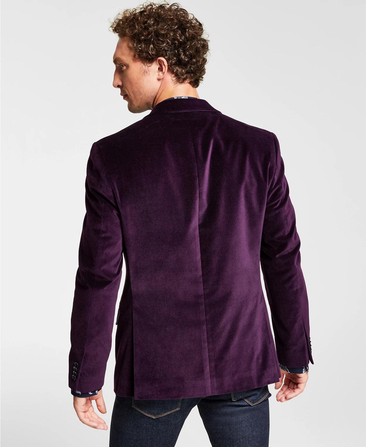 Alfani Mens Velvet Slim Fit Two Button Blazer Sport Coat Purple 38R