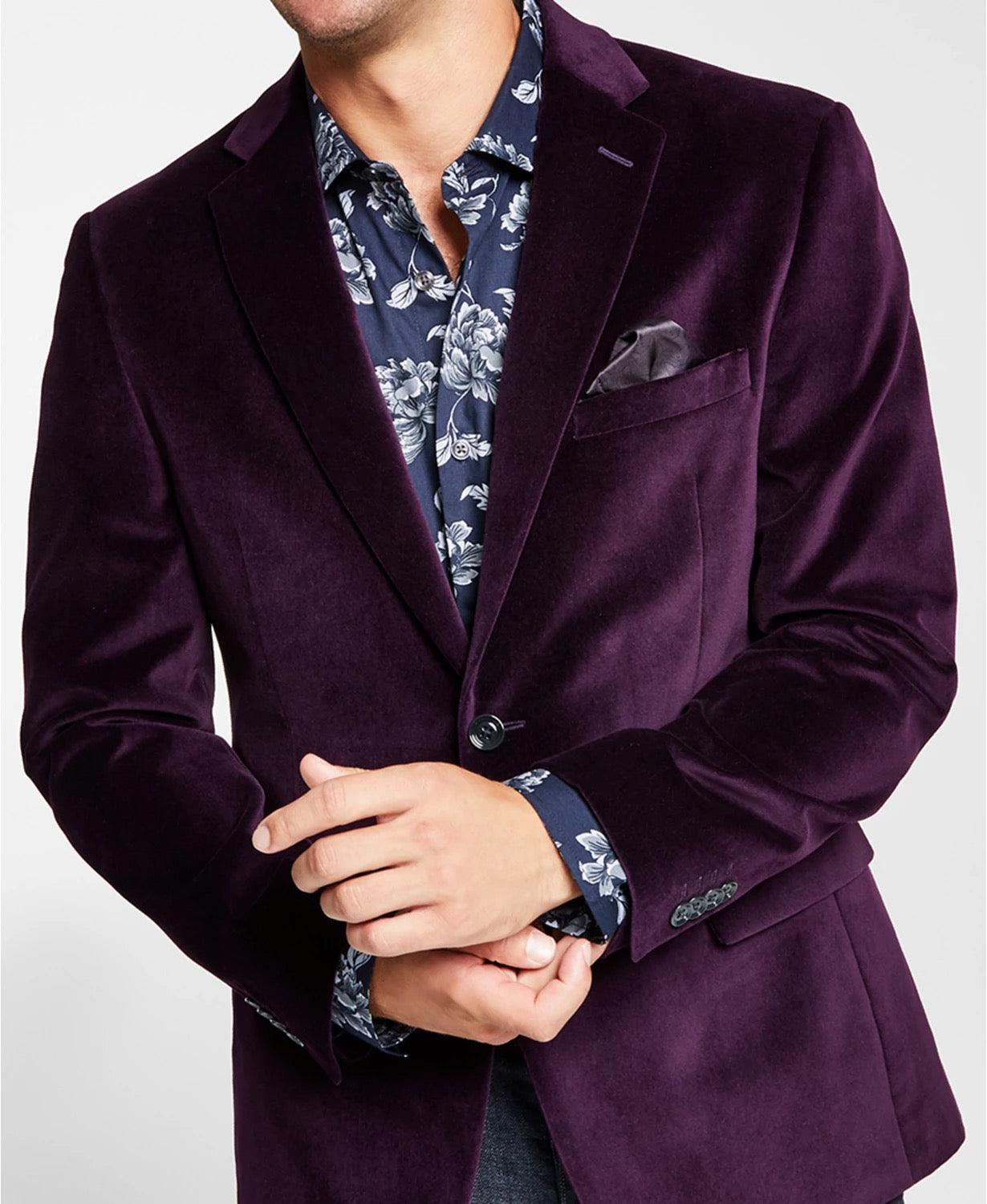 Alfani Mens Velvet Slim Fit Two Button Blazer Sport Coat Purple 38R