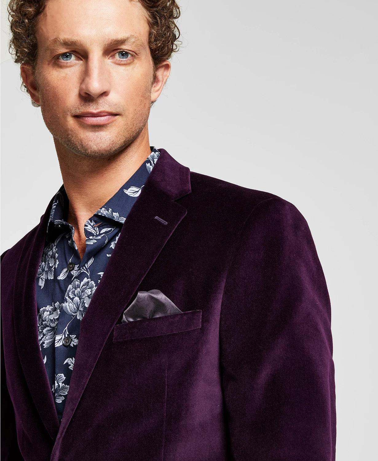 Alfani Mens Velvet Slim Fit Two Button Blazer Sport Coat Purple 38R