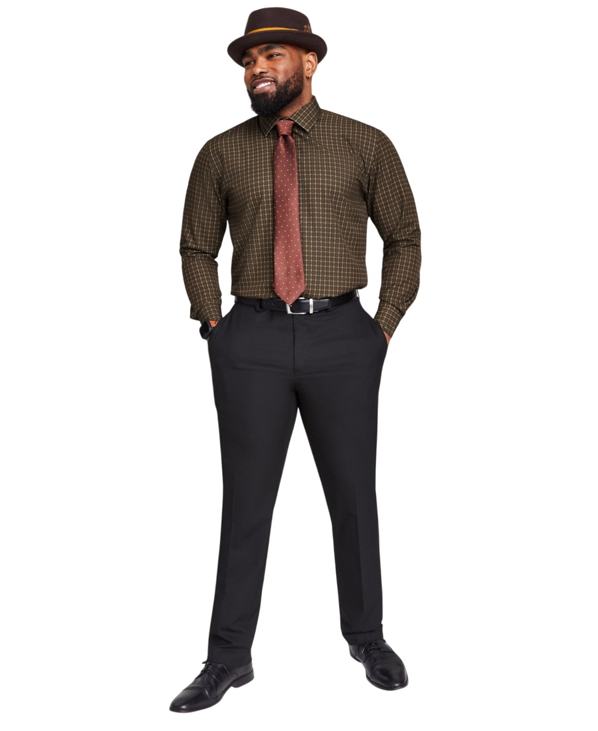 TAYION Mens Slim fit Dress Shirt Medium 15-15.5 32-33 Brown Check