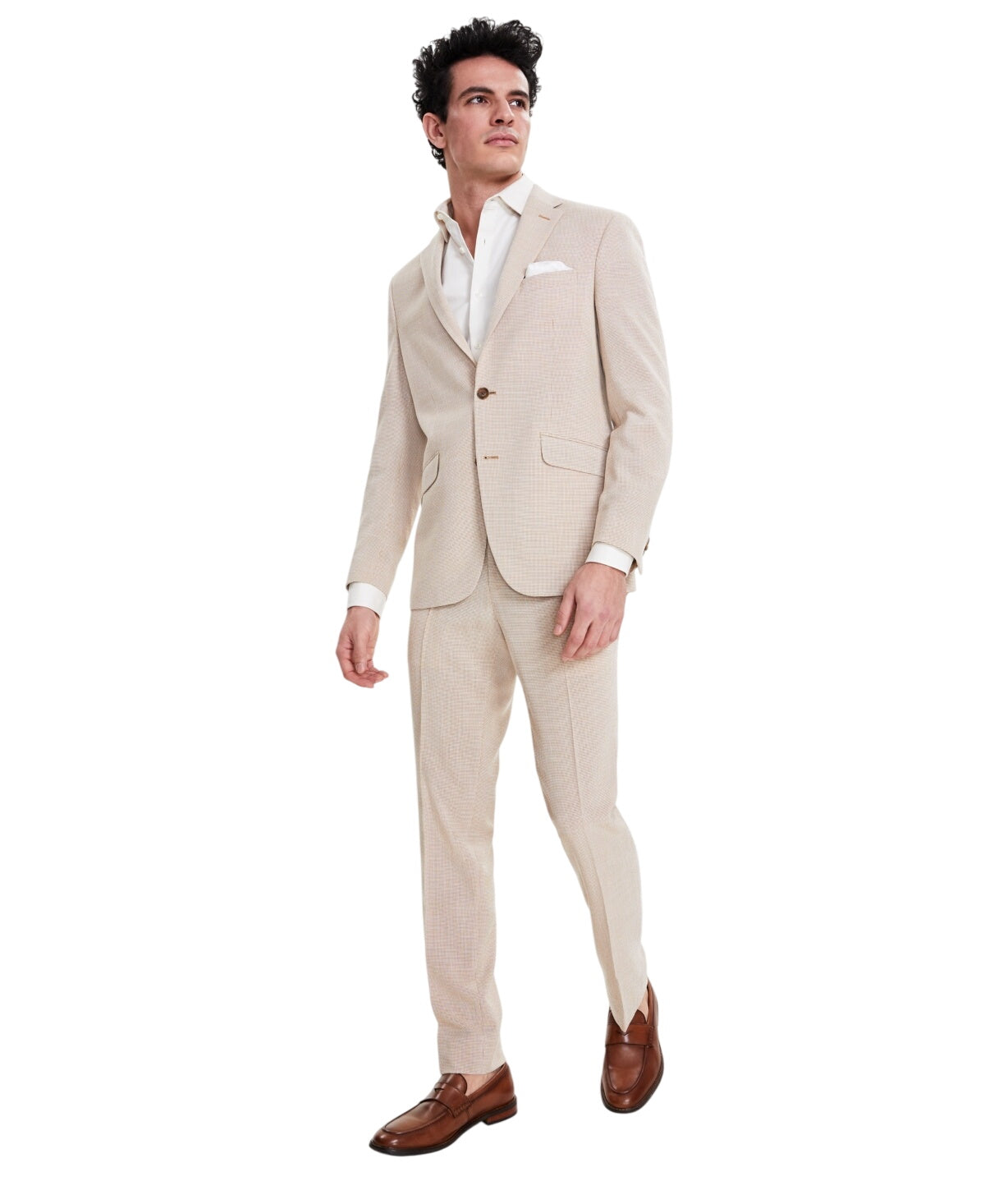 Kenneth Cole Mens Slim fit 2 Piece Suit 46 S / 40 Waist Tan Beige Check Stretch