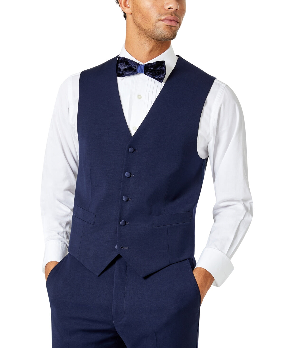 Tommy Hilfiger Mens Slim fit Button-Up Vest Large Navy Blue Solid Stretch