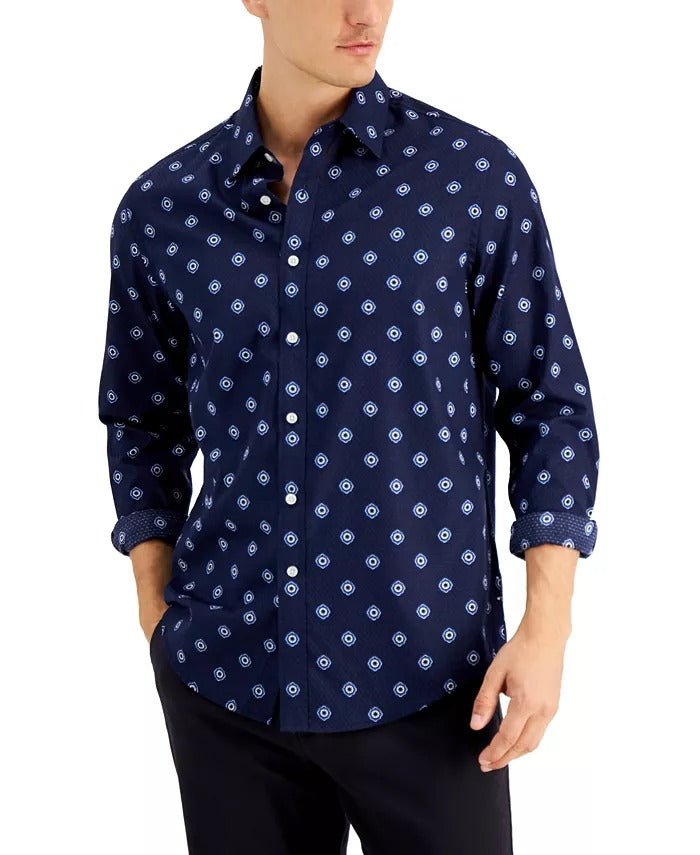 Club Room Men's Geo Print Dobby Button Down Shirt Navy Blue Small