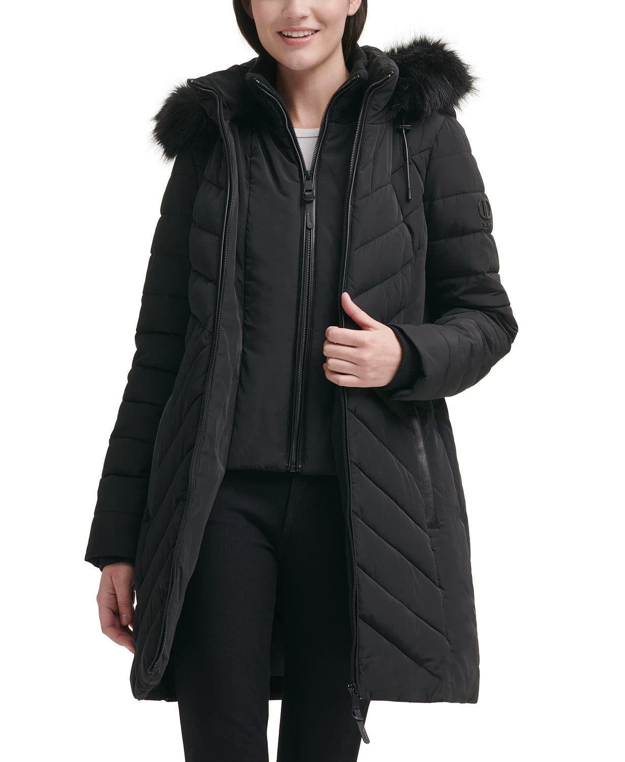 Dkny Women's Faux-Fur-Trim Hooded Puffer Coat Black Medium
