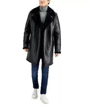 GUESS Mens Pleather Double Breasted Coat Faux Shearling Cuff Collar Black 2XL