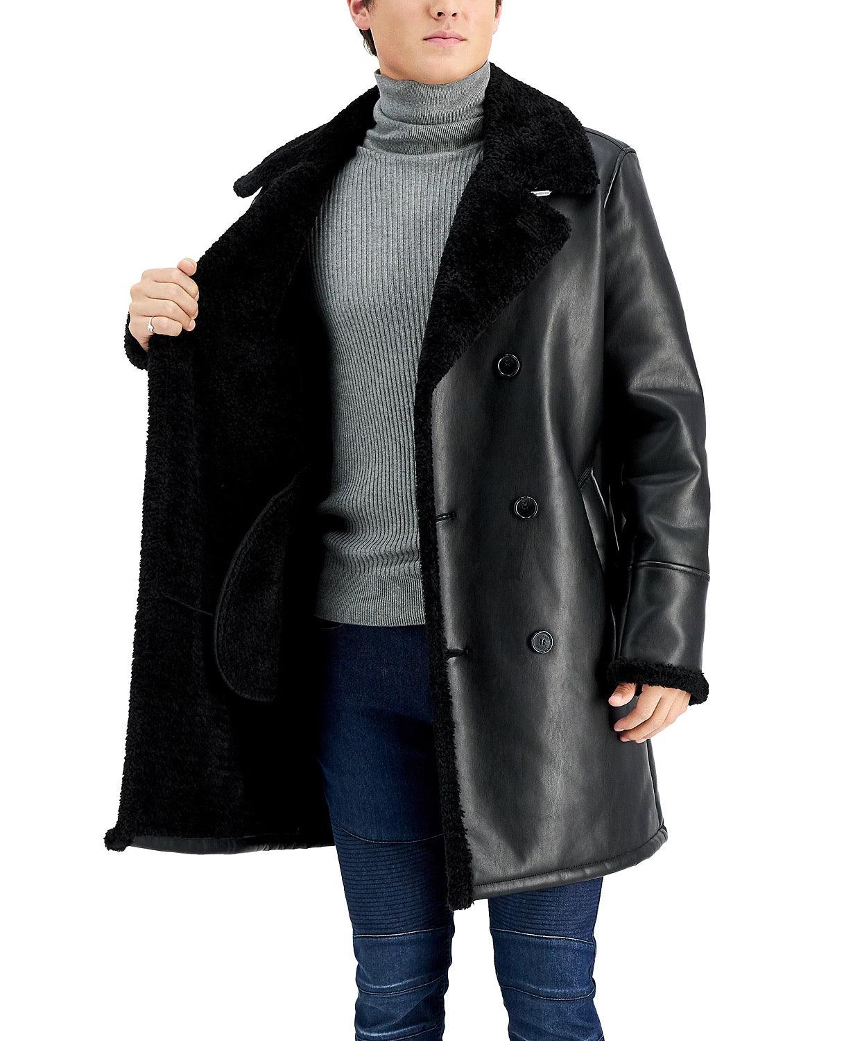 GUESS Mens Pleather Double Breasted Coat Faux Shearling Cuff Collar Black 2XL