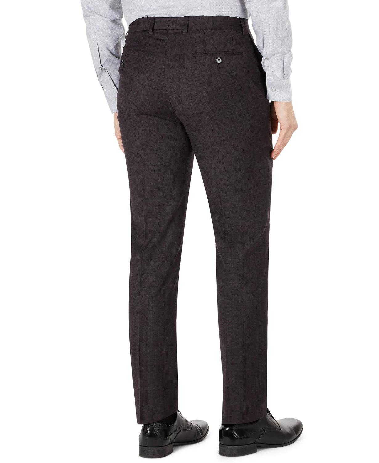 Calvin Klein Men's Slim Fit Wool Dress Pants Eggplant Purple Plaid 32 x 34