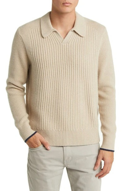 Ted Baker Mens Open Collar Ribbed Polo Sweater Beige EU 5 US XL Wool