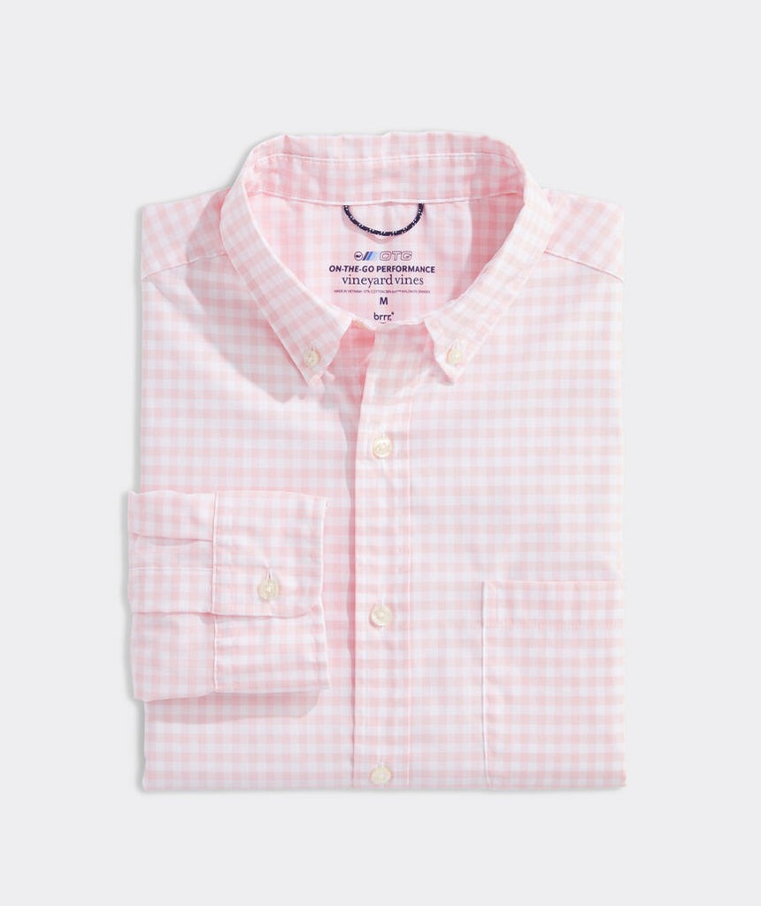 Vineyard Vines Mens Gingham on the Go Classic Fit Shirt Pink White Medium