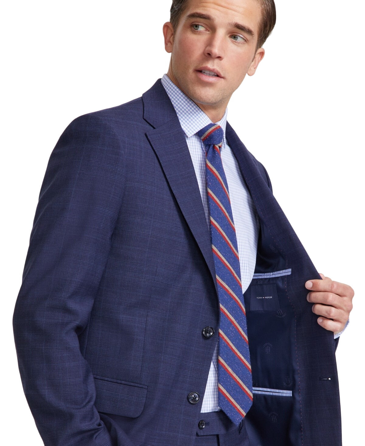 Tommy Hilfiger Mens Modern fit Suit Jacket Blazer 40 L Navy Blue Plaid Stretch