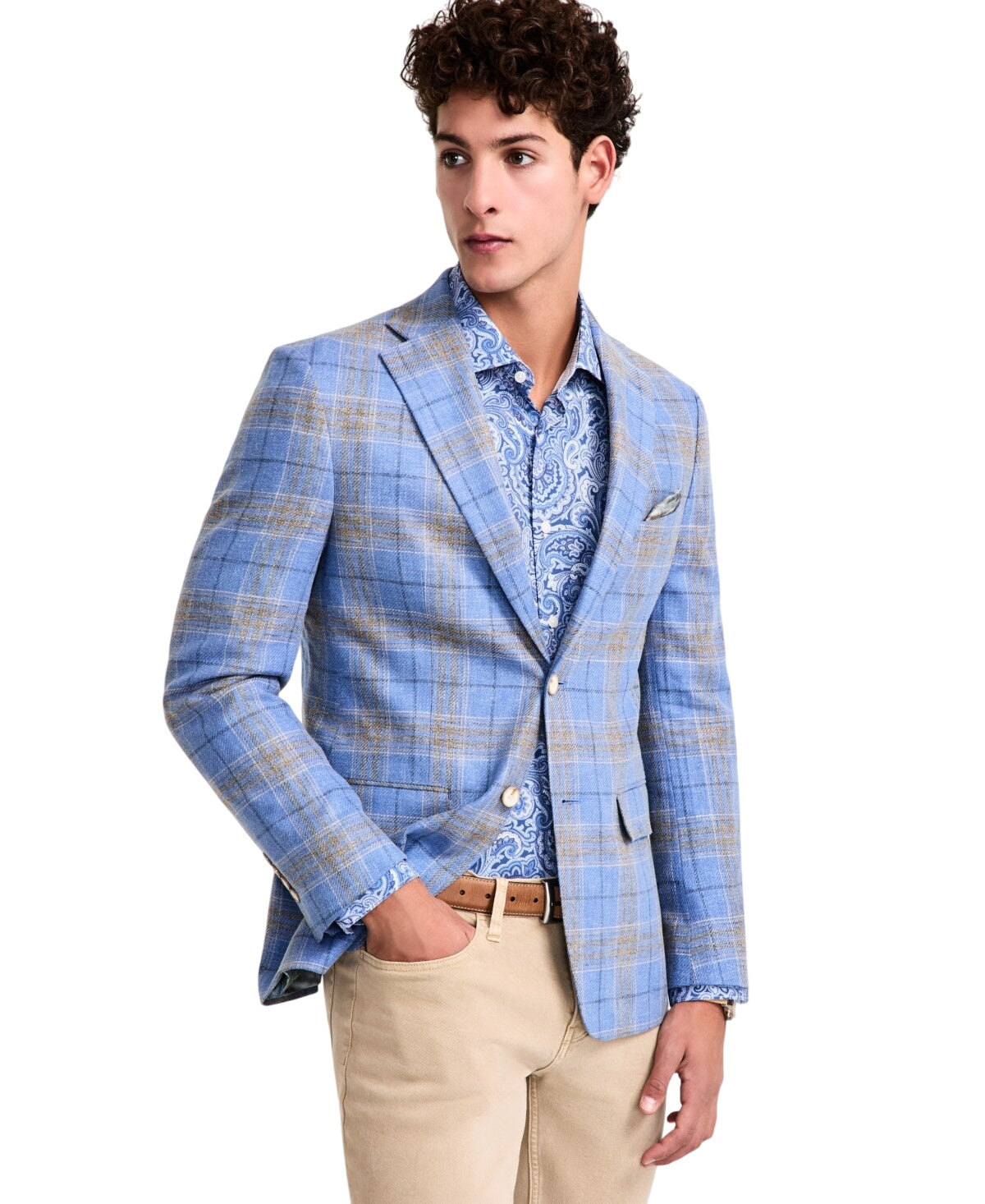 Tallia Mens Slim fit Sport Coat Blazer 42 R Light Blue Plaid Linen