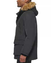 Club Room Mens Parka Coat Faux Fur Hood Medium Black Solid