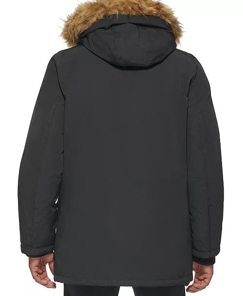 Club Room Mens Classic fit Parka Coat Large Black Solid Faux Fur Trim