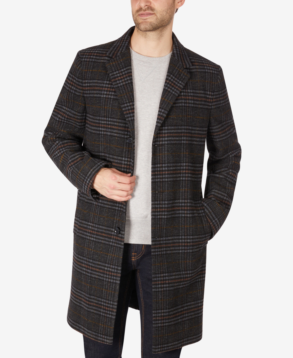 Tommy Hilfiger Men's Addison Wool Blend Trim Fit Overcoat Jacket Grey Plaid 40S
