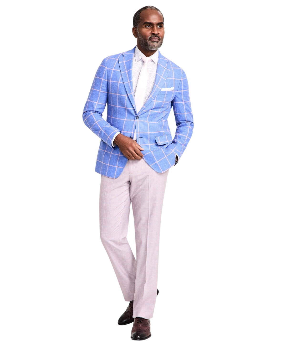 Tallia Mens Slim fit Sport Coat Blazer 48 R Light Blue Check Stretch