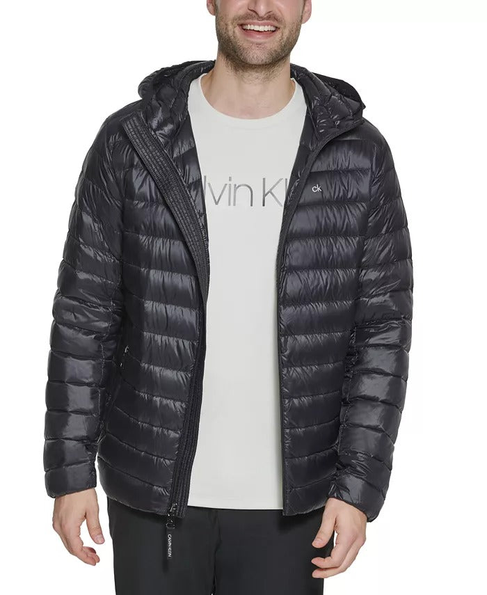 Calvin Klein Men's Hooded Packable Down Jacket Coat Shiny Black Large