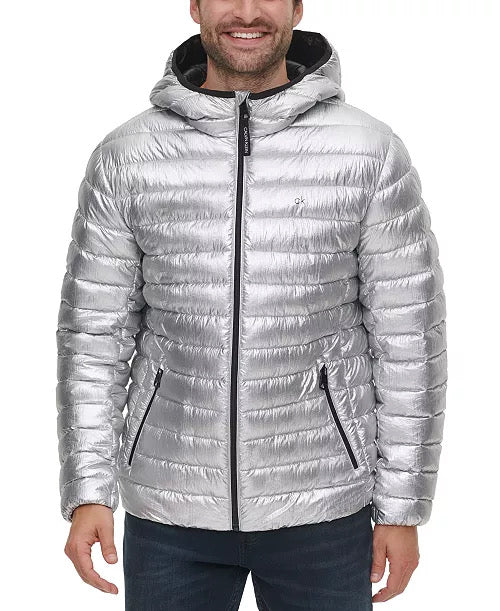 Calvin Klein Men's Hooded Packable Sorona Polyester Jacket Medium Shiny Silver