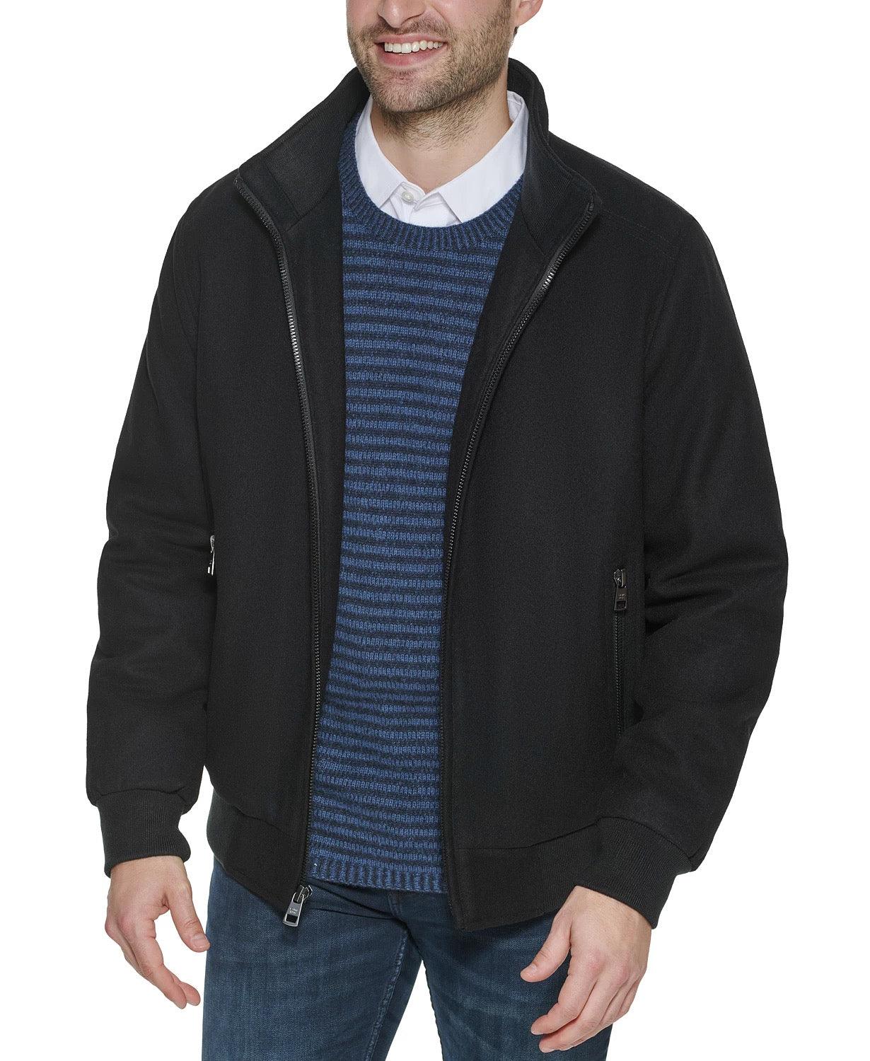 Calvin Klein Men's Wool Bomber Jacket With Knit Trim Black Large