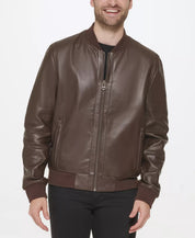 Cole Haan Men's Varsity Bonded Leather Zip Jacket XL Java Brown