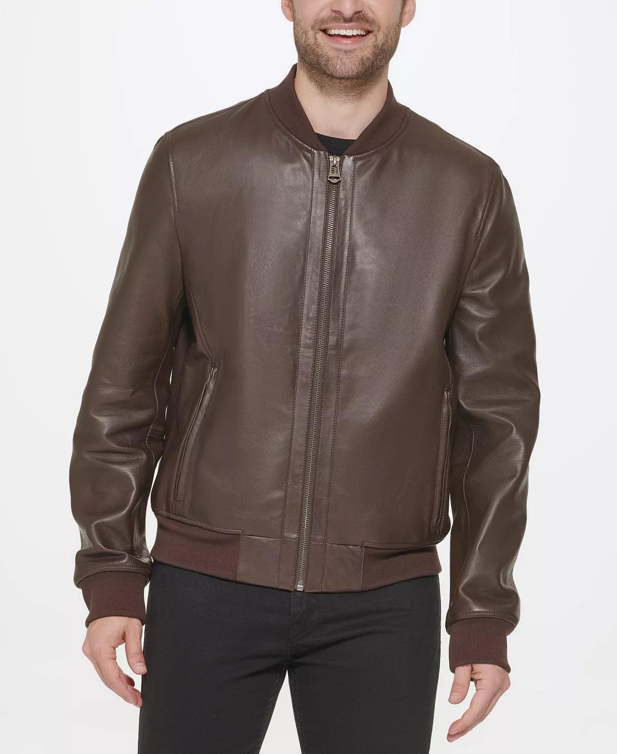 Cole Haan Mens Varsity Jacket Bonded Leather Java Small