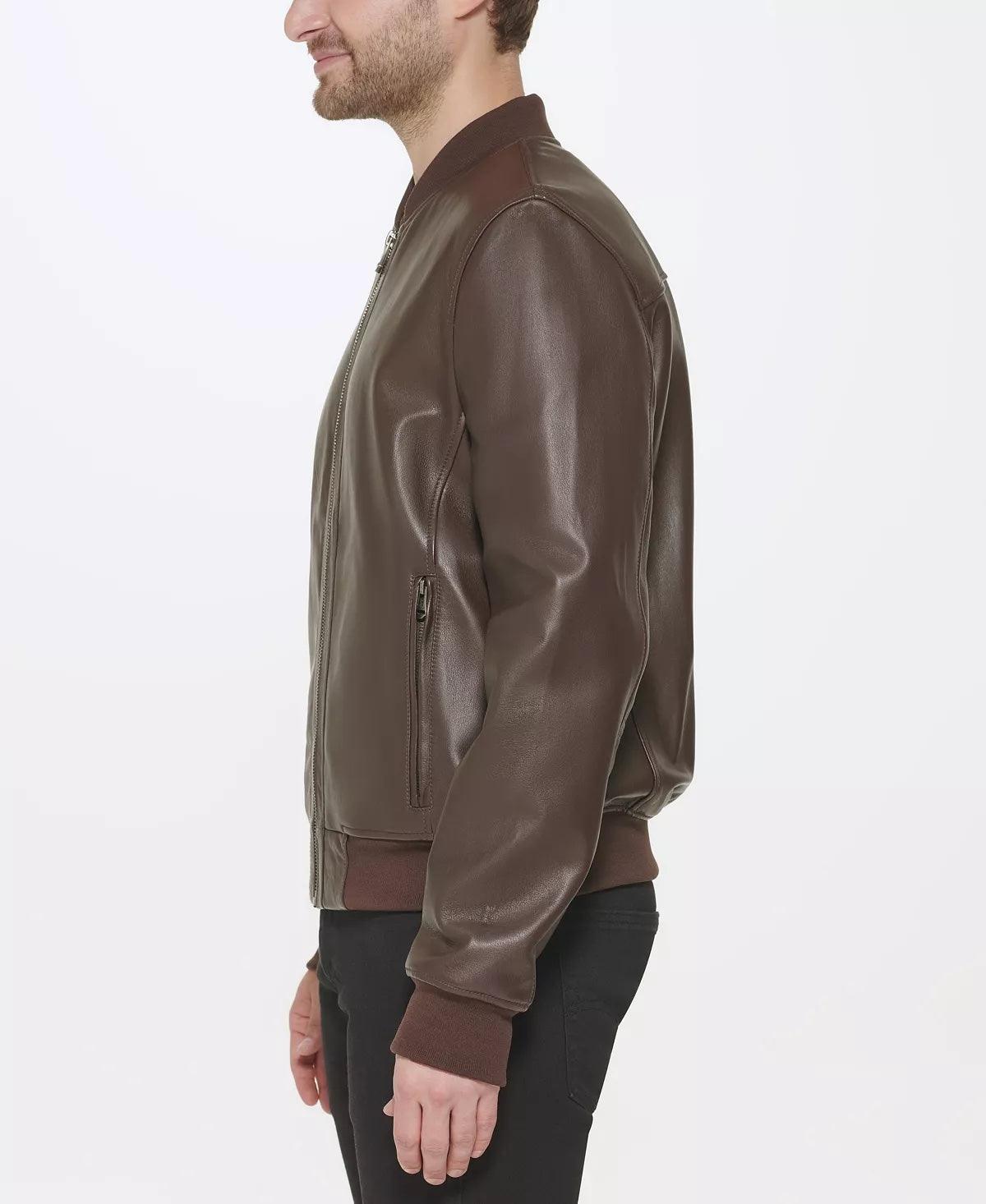 Cole Haan Mens Varsity Jacket Bonded Leather Java Small