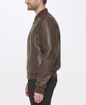 Cole Haan Men's Varsity Bonded Leather Zip Jacket XL Java Brown