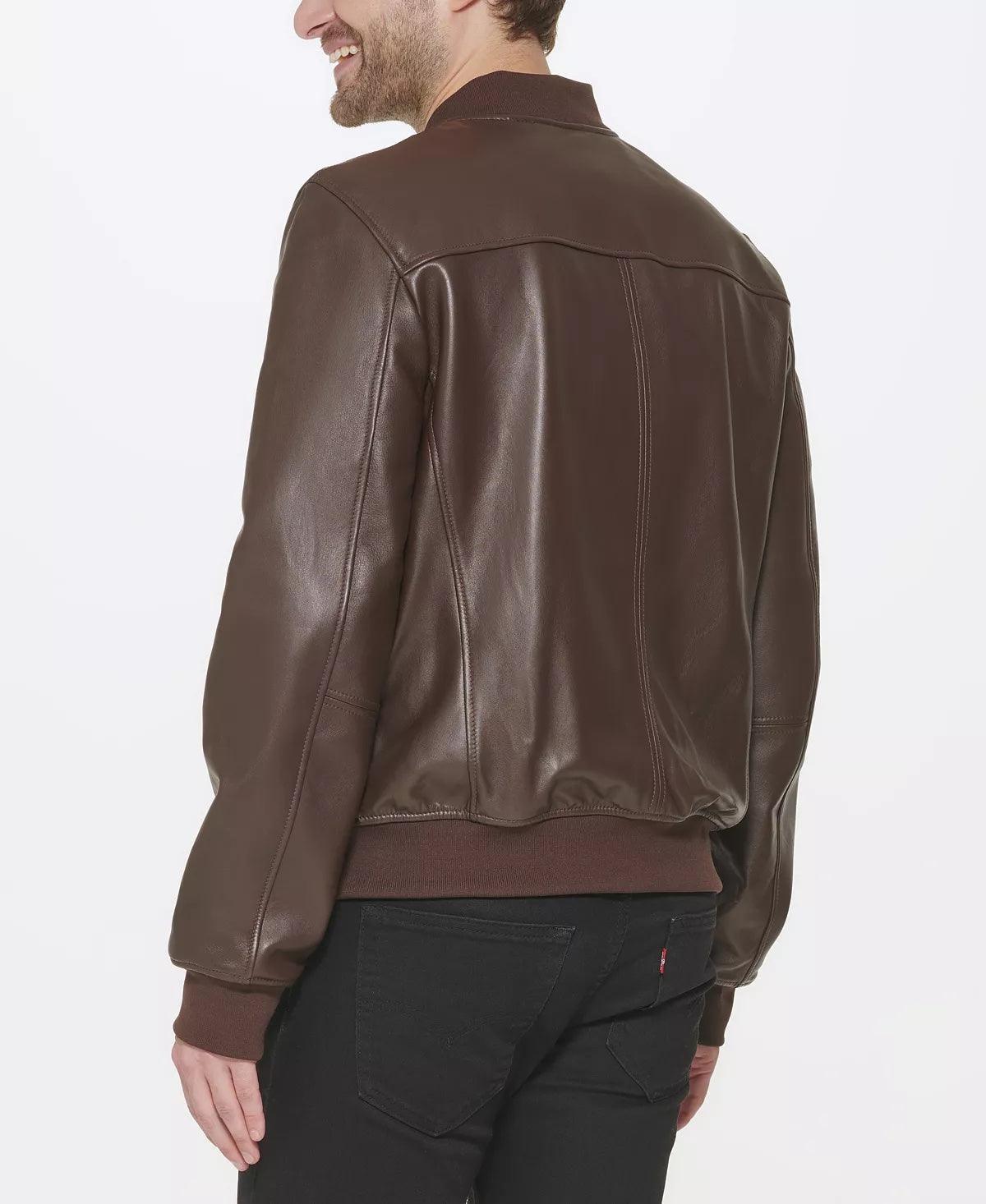 Cole Haan Men's Leather Varsity Jacket Java Brown Large