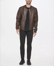Cole Haan Men's Leather Varsity Jacket Java Brown Large