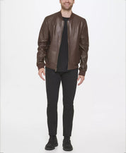 Cole Haan Men's Varsity Bonded Leather Zip Jacket XL Java Brown