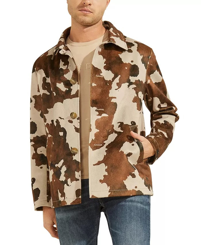 GUESS Men's Camo Printed Jacket Coat Medium Brown