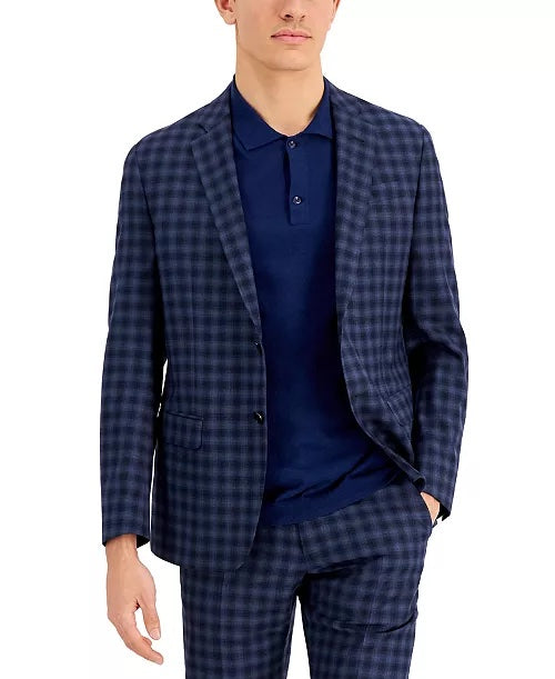 A|X Armani Exchange Men's Slim-Fit Navy Buffalo Plaid Wool Suit Jacket 46L
