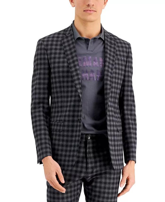 AX Armani Exchange Mens Slim Fit Wool Suit Jacket Gray Buffalo Plaid Dark Grey 40R