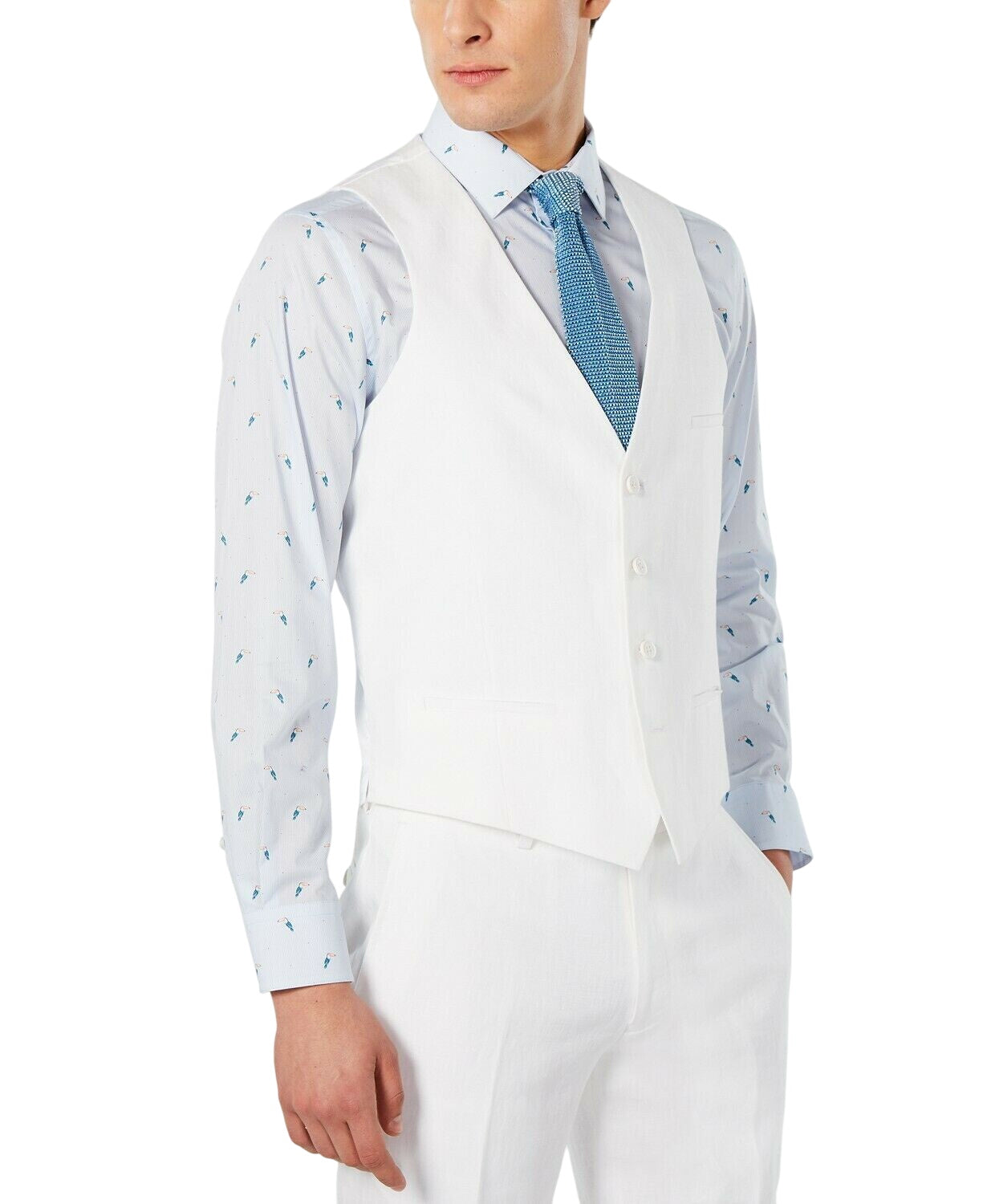 Bar Iii Mens Slim fit Button-Up Suit Vest XL White Linen Linen
