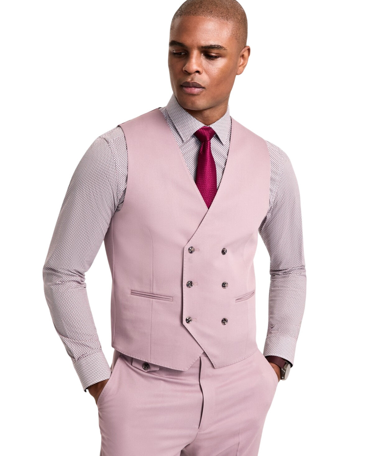 Tayion Mens Regular fit Double Breasted Button-Up Vest XL Purple Solid Stretch