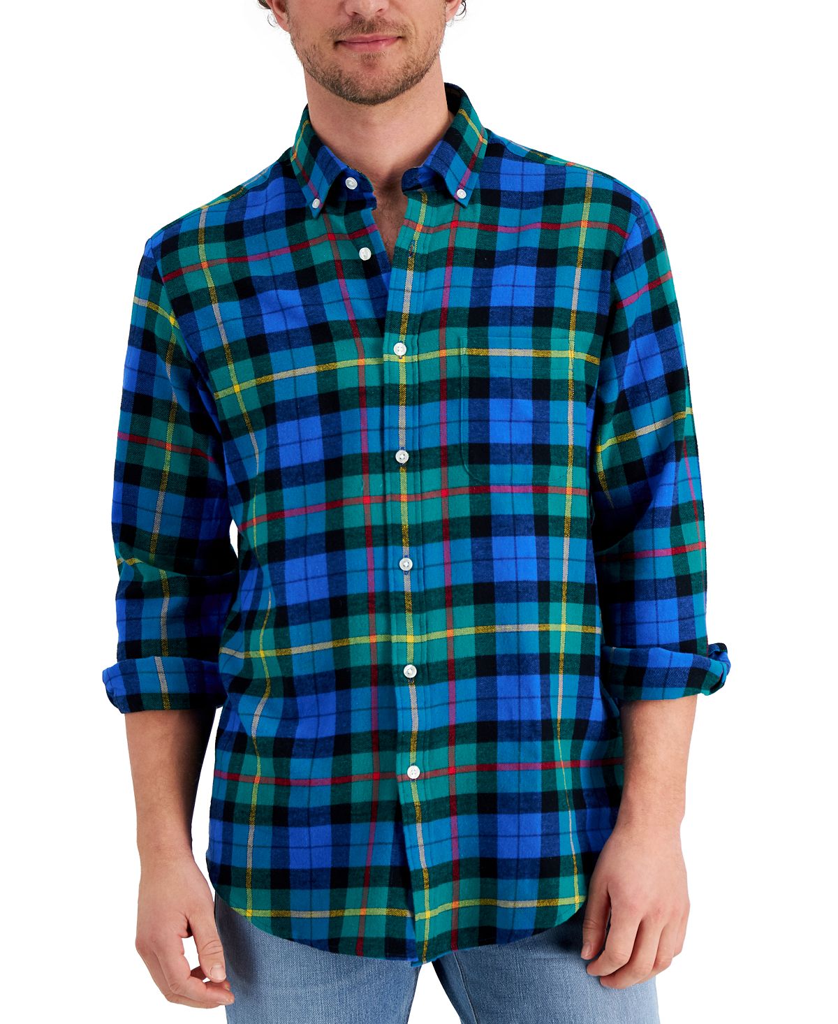 Club Room Men's Buffalo Plaid Button Down Shirt Laser Blue Green Large