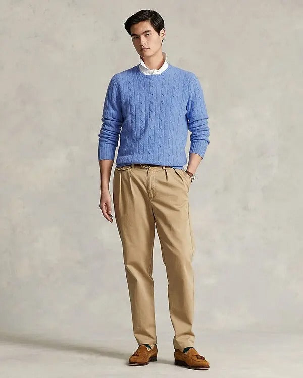 Ralph Lauren Polo Mens Pure Cashmere Cable Knit Crewneck Sweater Large Blue
