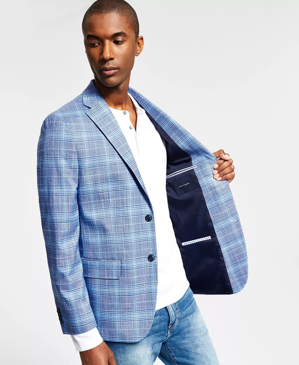 TOMMY HILFIGER Men's Modern-Fit Blue Plaid Blazer 38S Sport Coat