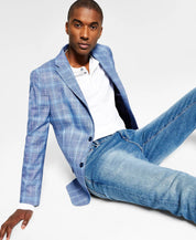 TOMMY HILFIGER Men's Modern-Fit Blue Plaid Blazer 38S Sport Coat