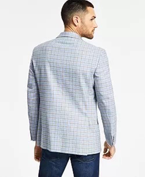 TOMMY HILFIGER Men's 42S Blazer Modern-Fit Gray Light Blue Check Sport Coat