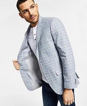 TOMMY HILFIGER Men's 42S Blazer Modern-Fit Gray Light Blue Check Sport Coat